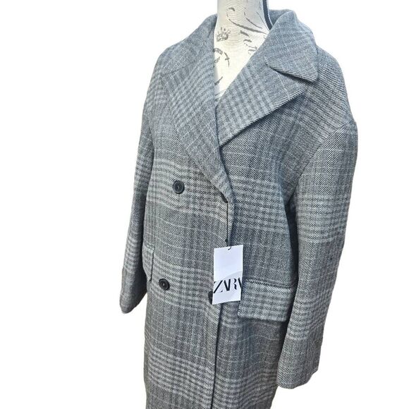 Zara NWT Gray Wool Blend Checked Lapel Collar‎ Pocket Double Breasted Coat Small - Picture 6 of 12